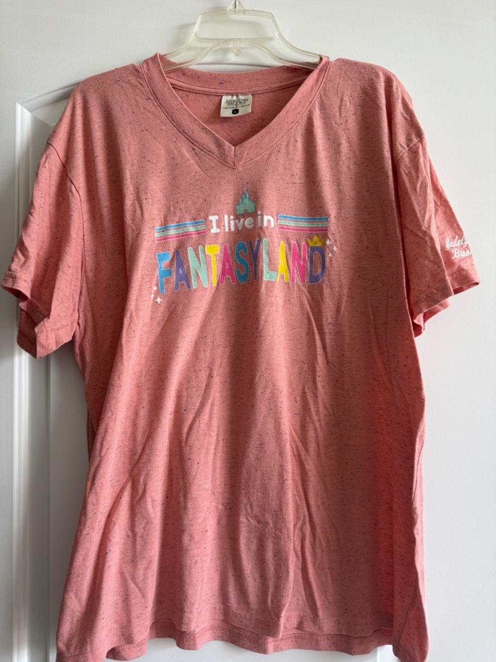 Jadelynn Brooke Pink Multicolor "Fantasyland" V‑Neck Graphic Tee